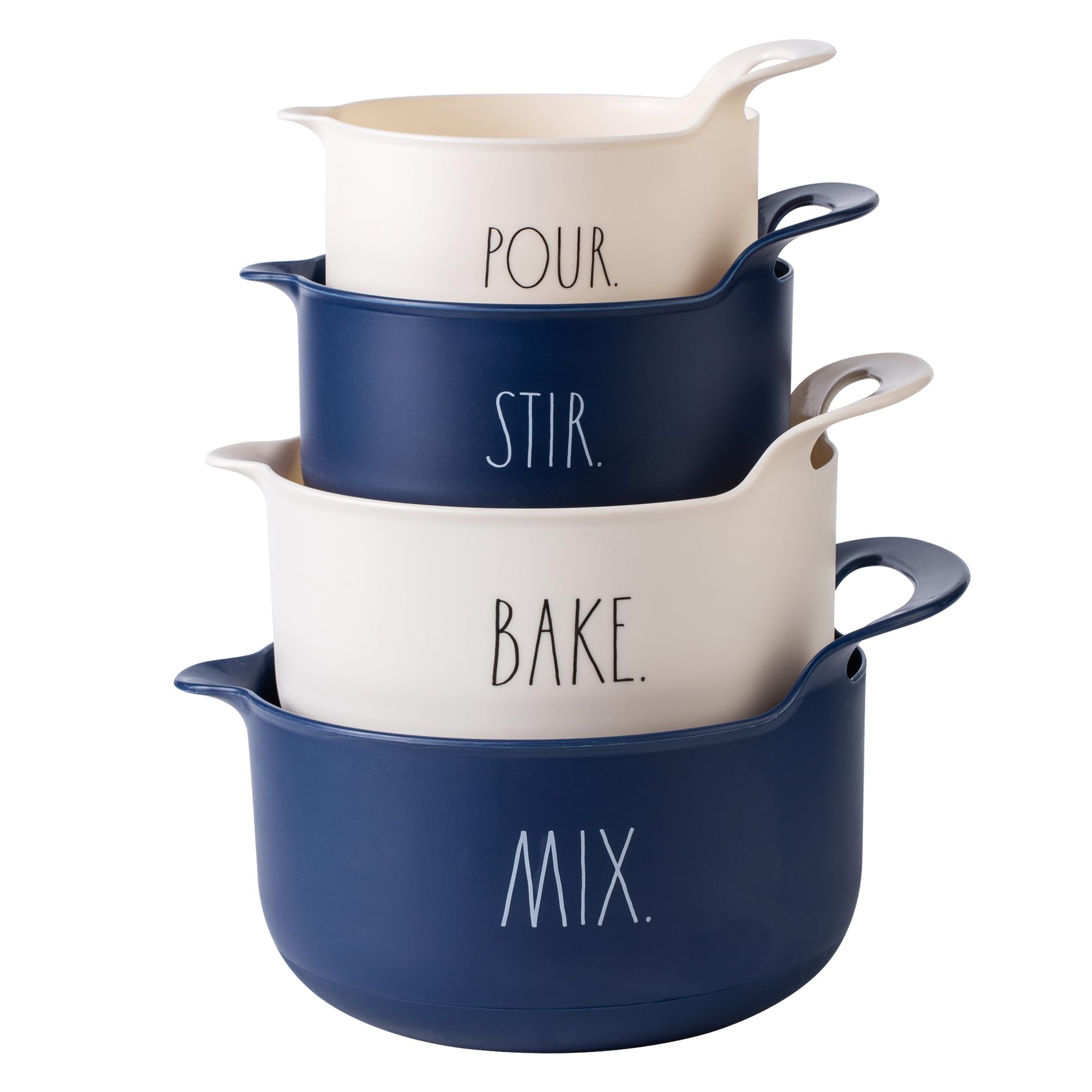 Rae DunnNon-Slip Mixing Bowls - 4 Piece Nesting Plastic Mixing Bowl Set with Pour Spouts and Handles-Measurement Markings (Cream)