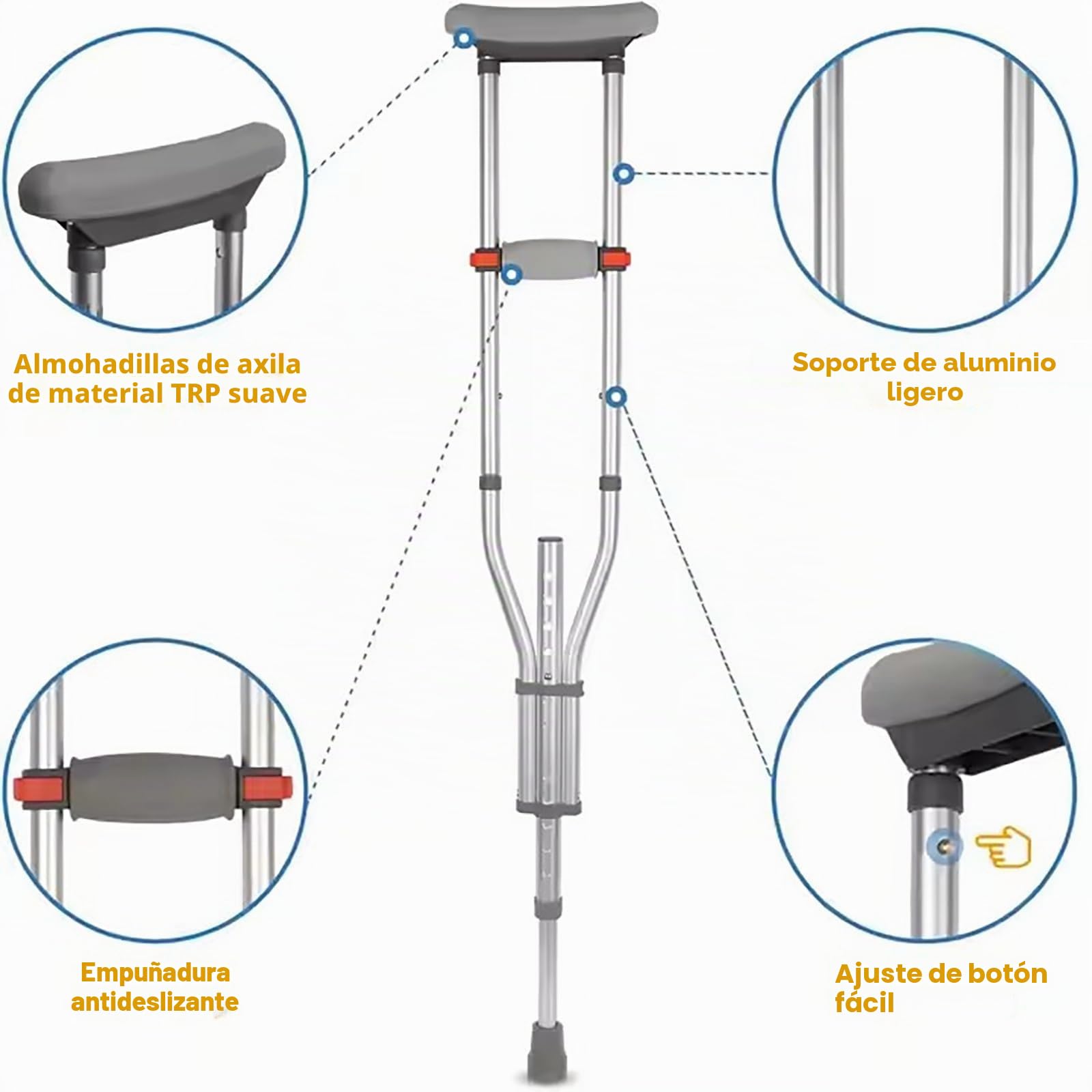 NEWFUN Muletas Adulto, Muletas Adulto Acolchadas, Muletas Plegables, Muletas, Capacidad de Carga 150 KG, Muletas de Aluminio con Apoyos Blandos para Antebrazos y Manos, Gris, 1 Par