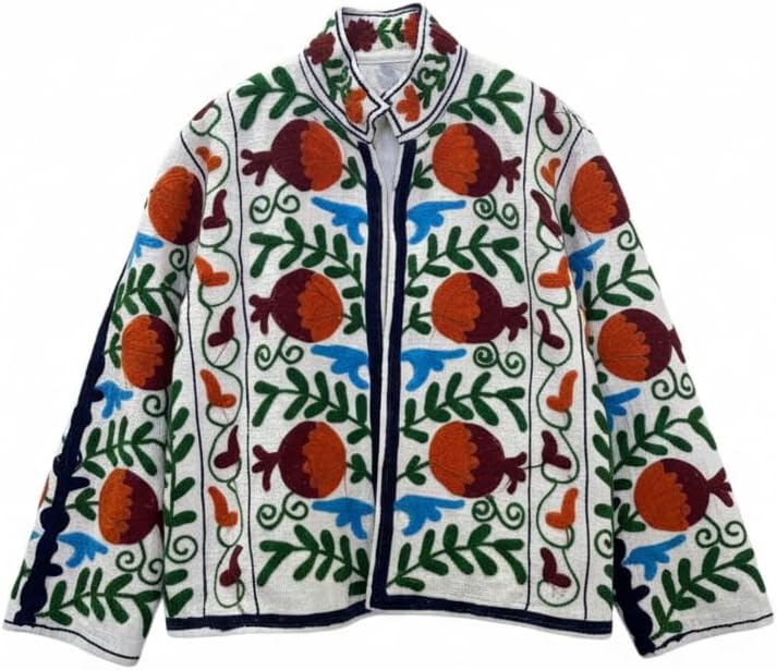 Handcrafted Cotton Suzani Embroidered Jacket, Traditional Floral Pattern, Open Front Cardigan Style