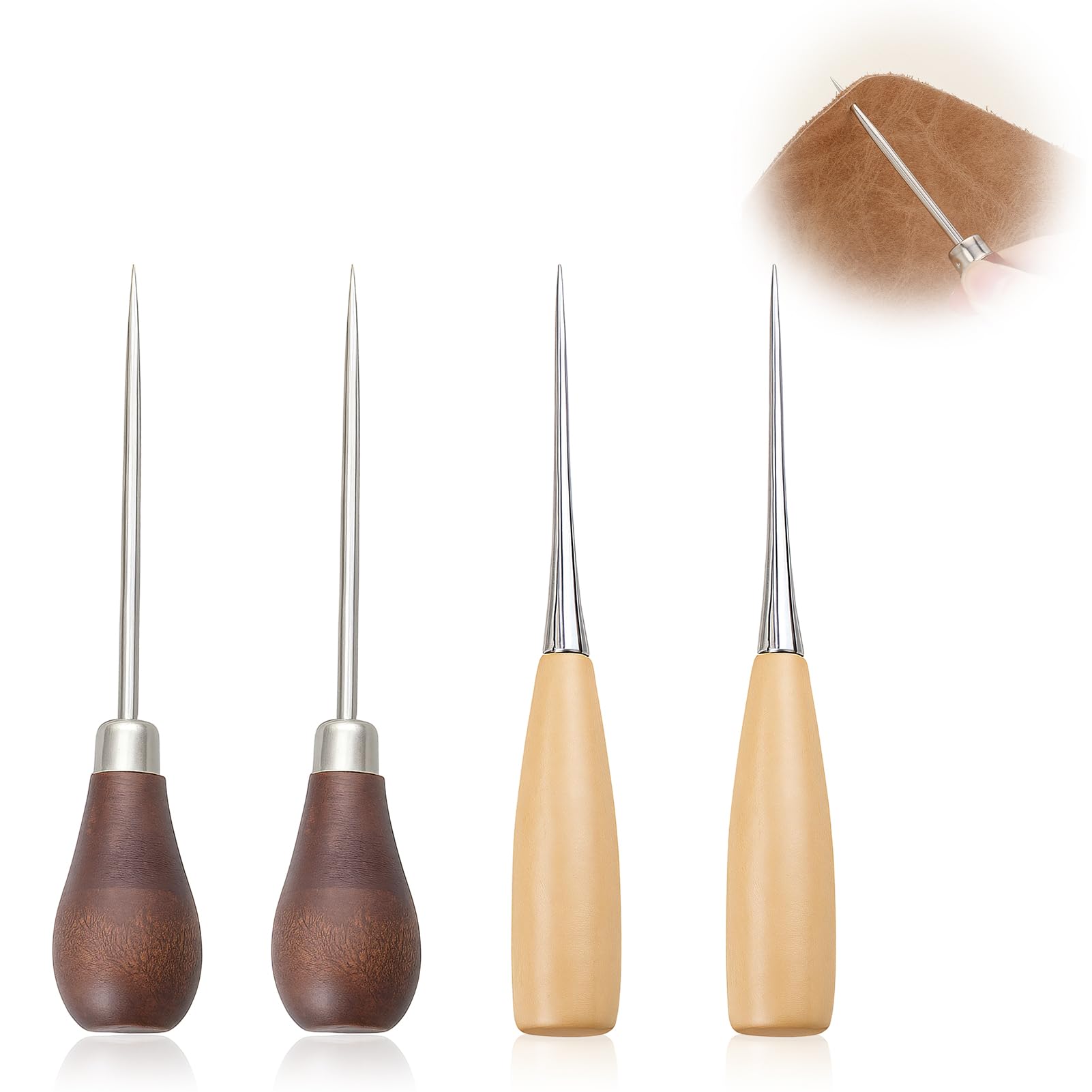 4 Pack Bradawl Tool, Gourd Shape Awl Tool, Sewing Awl Leather Hole Punch Tool Set with Wooden Handle, Durable Awl for Wood, Leathercraft, Sewing, Cloth Pouch Repair, Paper Crafts, Upholstery