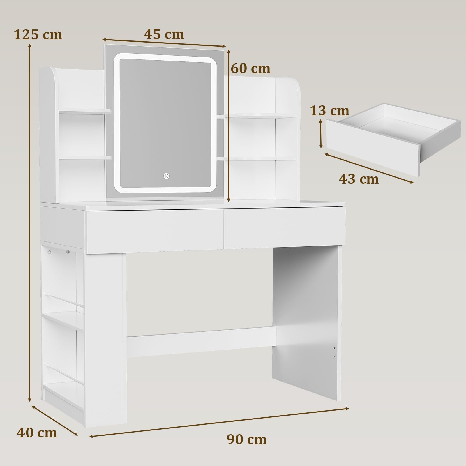 Airfish Coiffeuse avec Miroir et LED, Table de Maquillage avec 3 Étagères et 2 Tiroirs, Coiffeuse avec Grand Tiroir et Armoire, Lumière LED Réglable (Blanc)