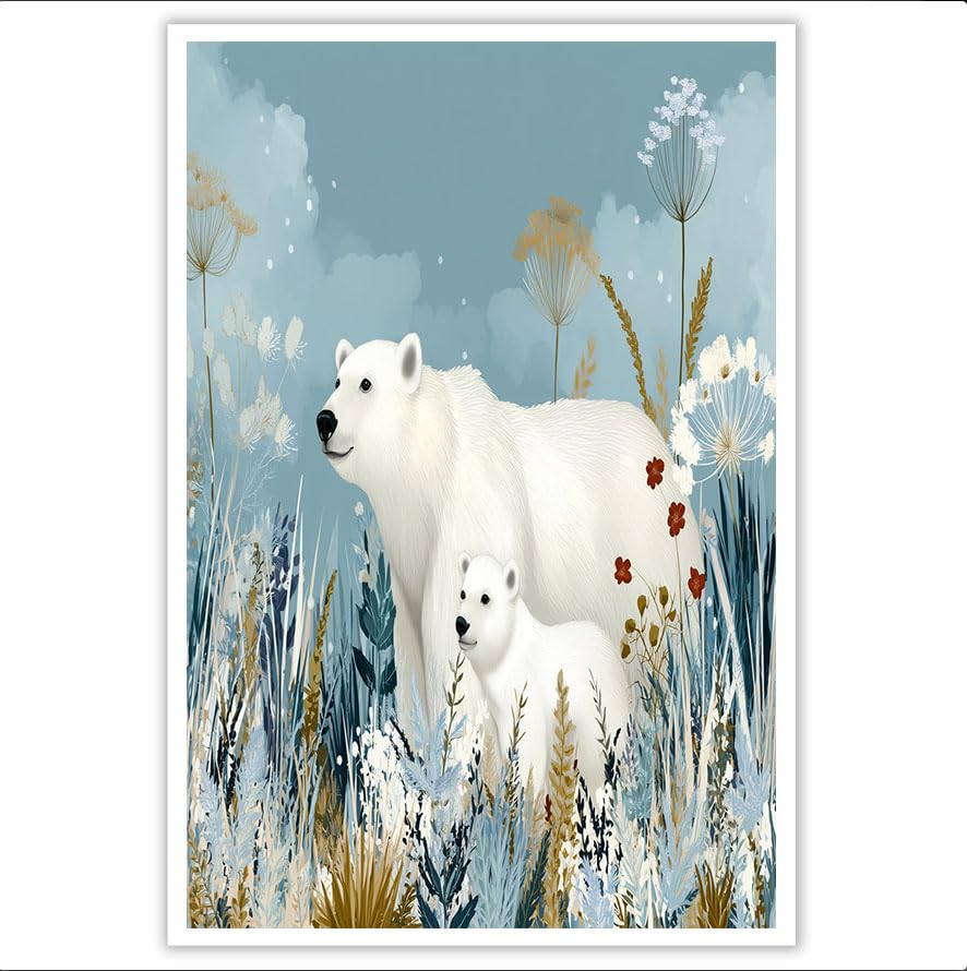 Blanc Ours blanc Mural Tableau décoratif Style dessin animé Impression sur toile pour Maison Bain Salon Chambre Restaurant 60x40 cm sans cadre