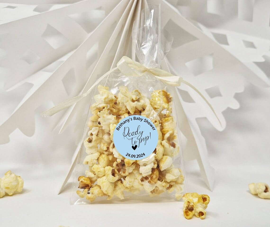 Treasured Forever Limited Blue Personalised Baby Shower Sticker Popcorn Favour Sweet Bags - Ready To Pop - Popcorn Sweet Favour Bags - Baby Shower Favours - 30 Set