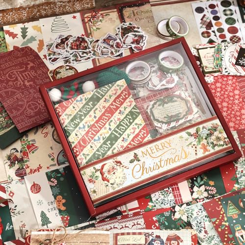 Image of Christmas Scrapbooking Supplies Kit, Aesthetic New Year Festival Scrapbook Kits for Bullet Junk Journal, Stationery, Notebook, DIY Cute Journaling Supplies, Craft Christma Gift for Teen Girl Women
