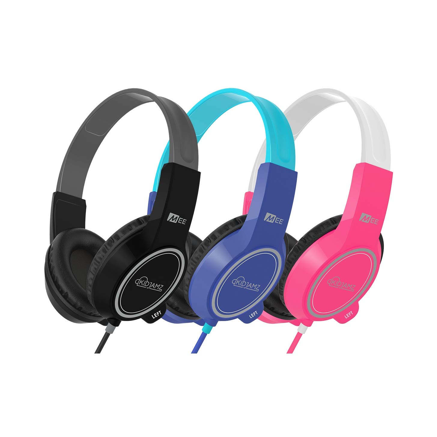 MEE audio Bulk Muti Pack of 3 KidJamz 3 Child Safe Headphones for Kids with Volume-Limiting Technology (Mixed Colors 3 Pack - Black, Blue &amp; Pink)