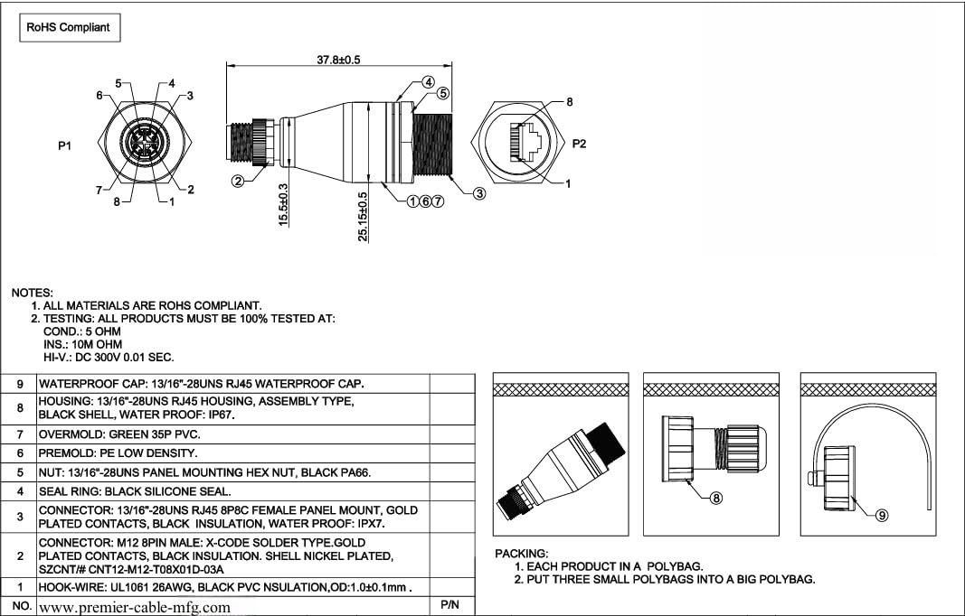 Adaptador de montaje en panel M12 X de 8 pines a RJ45 RJ45 Red Ethernet Cat6 a M12 conector circular macho IP67 impermeable blindado enchufe de alimentación compatible con cámara industrial GigE