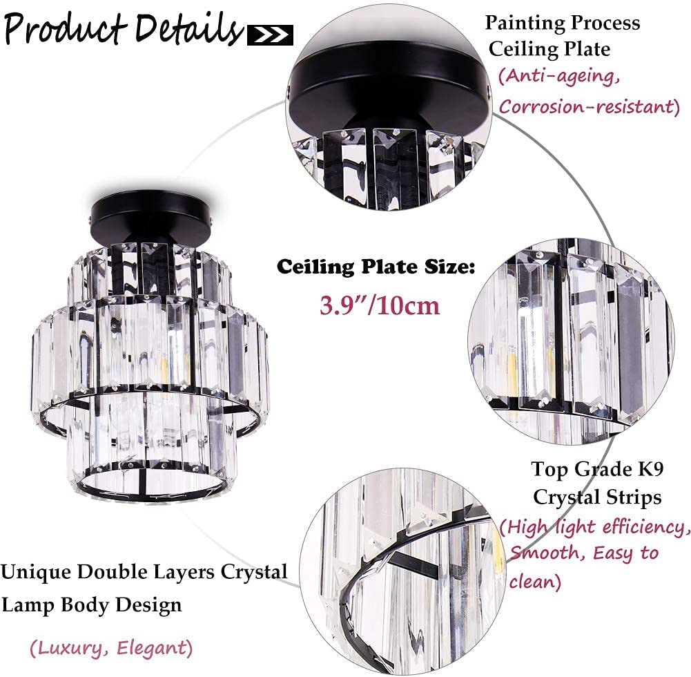 Mini-Kronleuchter Double-Layers Crystal Kronleuchter Flush Mount Deckenleuchte Modern Kronleuchter Beleuchtung für Schlafzimmer Flur Bar Küche Bad （black）