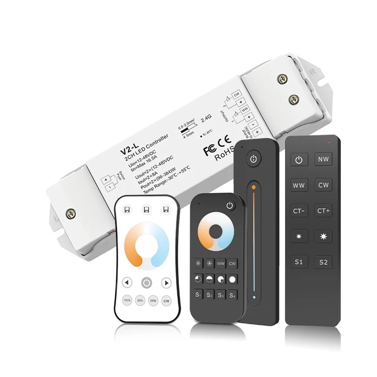 Kontroler LED V2-L 12-48V 2CH 16A 2,4G pilot zdalnego sterowania WW CW ściemniacz LED do CCT Podwójna taśma LED biała (V2-L i R12)