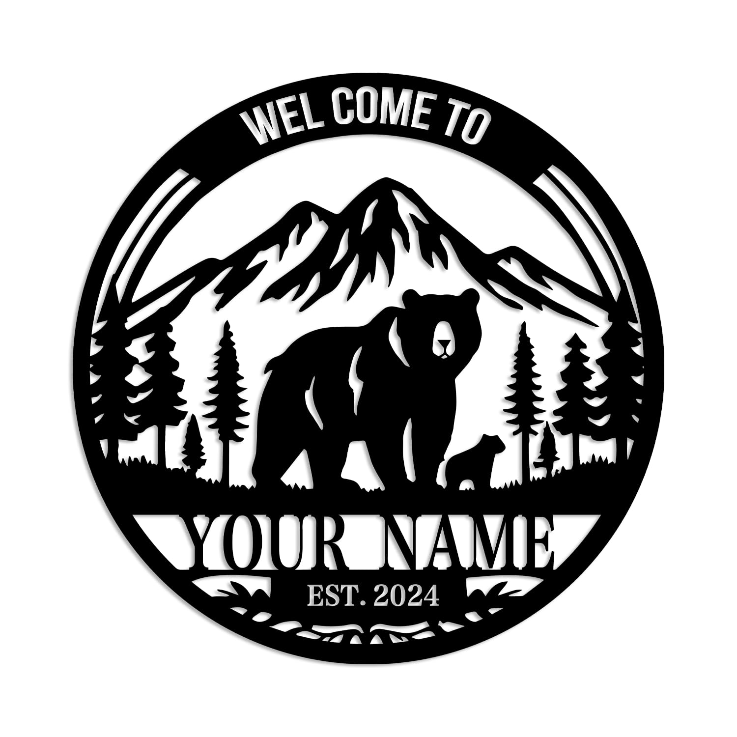 Kissesuu Bear C Personalized Metal Bear Sign, Custom Bear Metal Sign, Personalized Cabin Sign, Bear Family Sign, Outdoor Decor, Cabin Decor, Hunter Gift, Hunting Sign,Metal Name Sign Outdoor (Bear C)