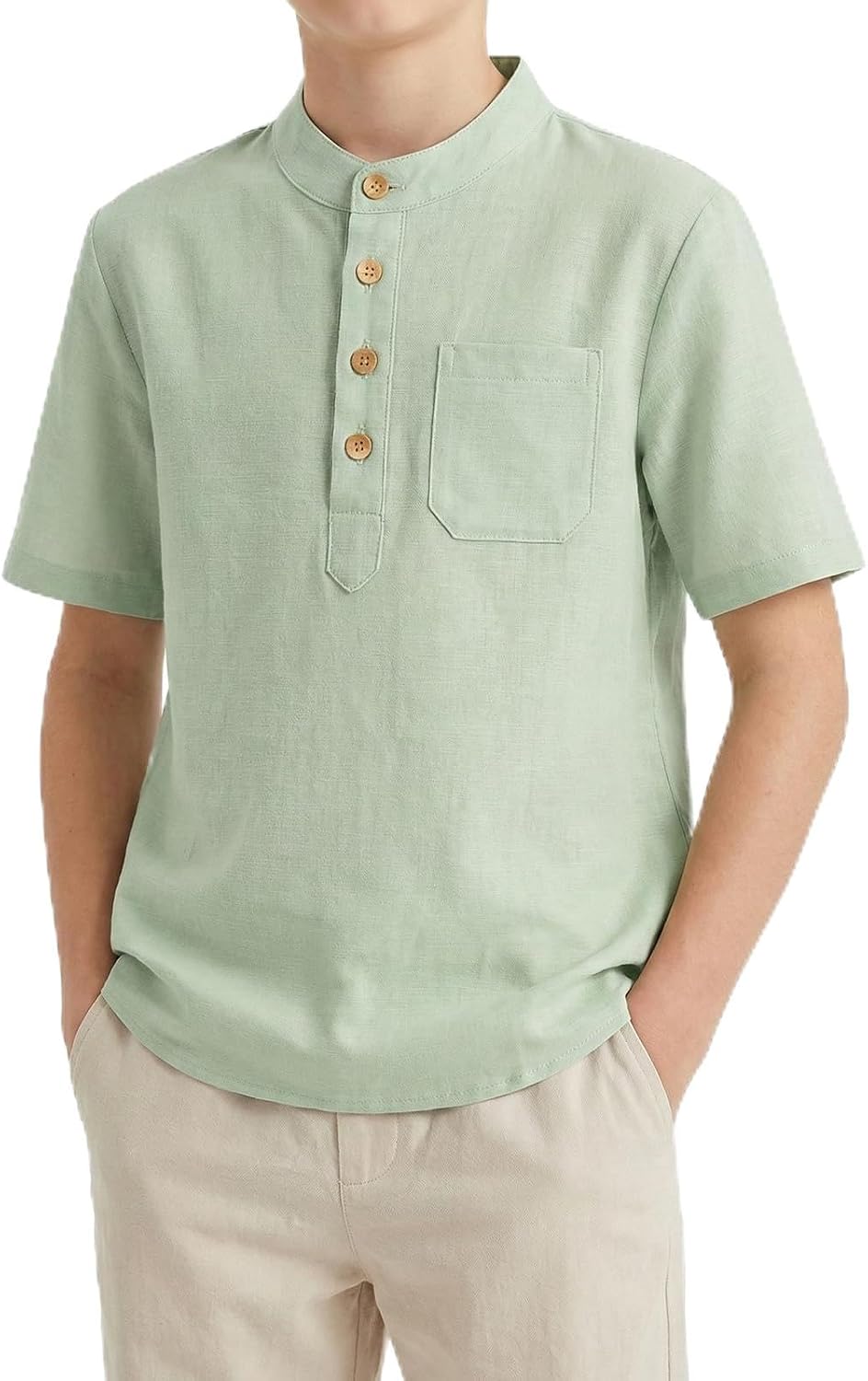 Spring&Gege Boys Linen Henley Shirt Short Sleeve Button Down Summer Beach T-Shirt with Pocket Lightweight for Kids Ages 5-12