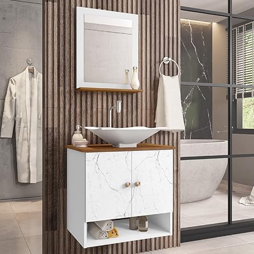 Gabinete Arm Banheiro Deli 2 Portas com Cuba Concava Branca Cor: Branco-Carrara/Nature