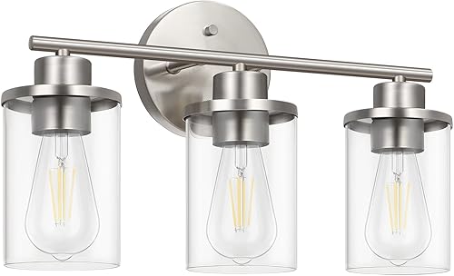 Miniatura 8 de EDISHINE Lámparas de baño, lámpara de tocador de baño de 3 luces sobre espejo, apliques de pared de níquel cepillado con pantalla de vidrio