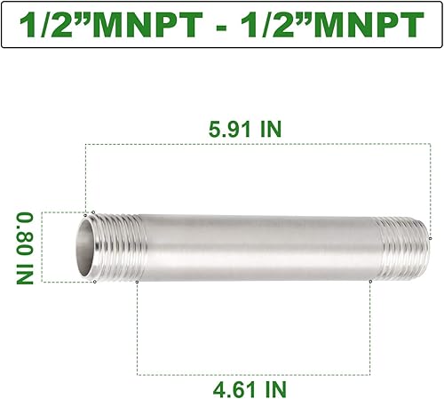Miniatura 4 de TAISHER 2 accesorios de tubería de acero inoxidable, 1/2 "NPT x 1/2" NPT macho roscado, tubo fundido de pezón de 6 pulgadas de longitud 1.969 in
