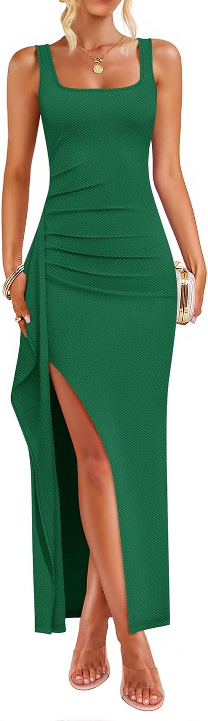 ZESICA Women's Sleeveless Formal Maxi Dresses 2026 Summer Ribbed Square Neck High Split Party Bodycon Long Dress
