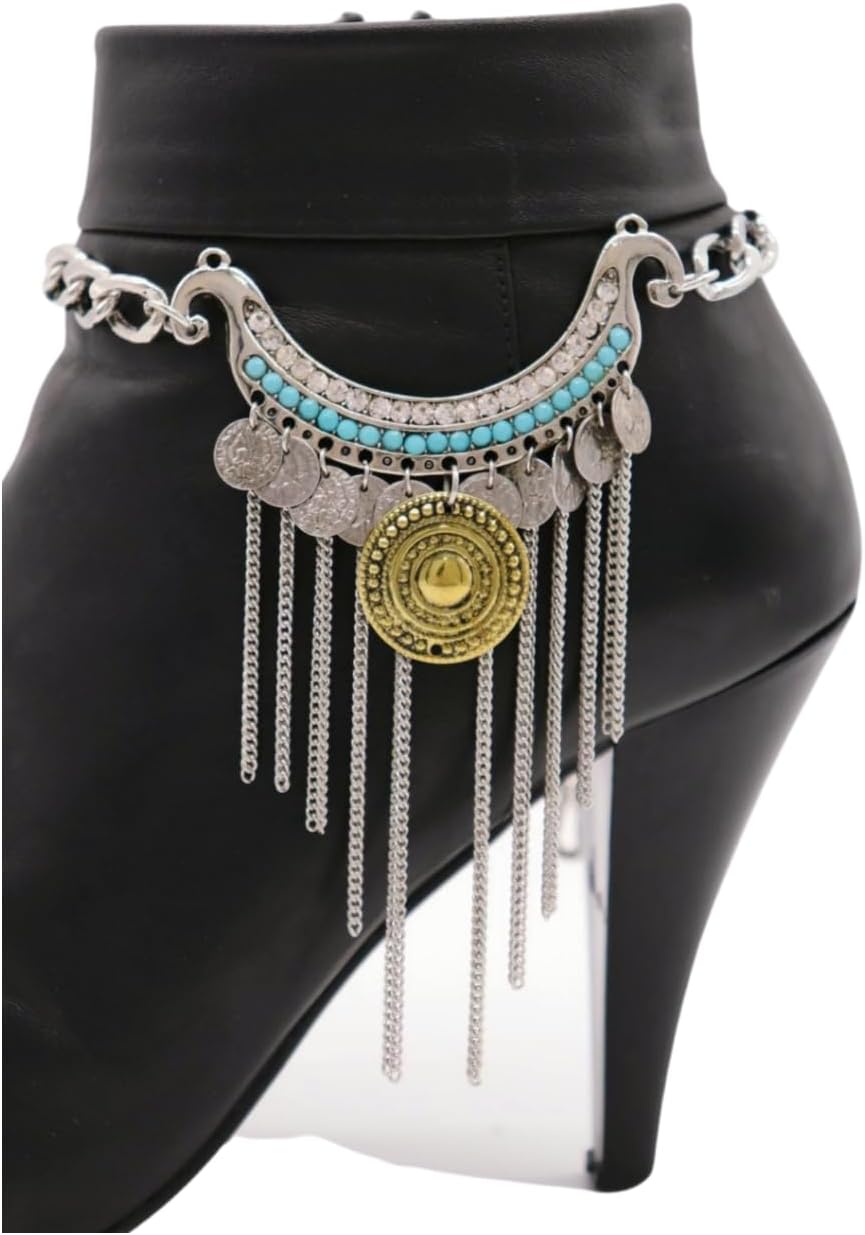 Women’s Boot Chain Anklets, 2 Pcs Silver Ethnic Fringe Charms Turquoise Beads & Antique Coin, Adjustable Size Western Cowgirl Shoe Bracelet, Boot Jewelry USA (BC23)