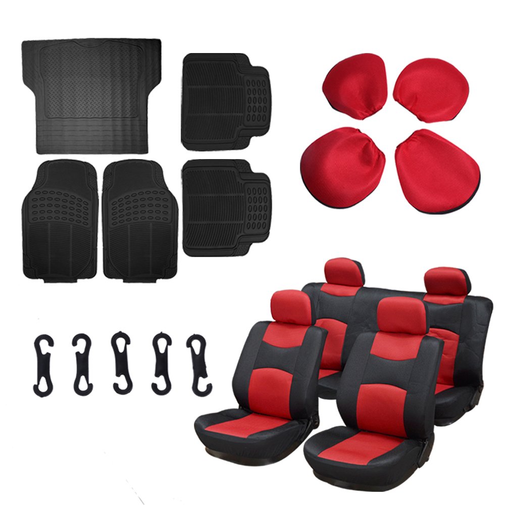 SCITOO 13-PCS Black Full Set Car Floor Mats W/Trunk Liner Black/Red Mesh Car Seat Covers for Most Cars