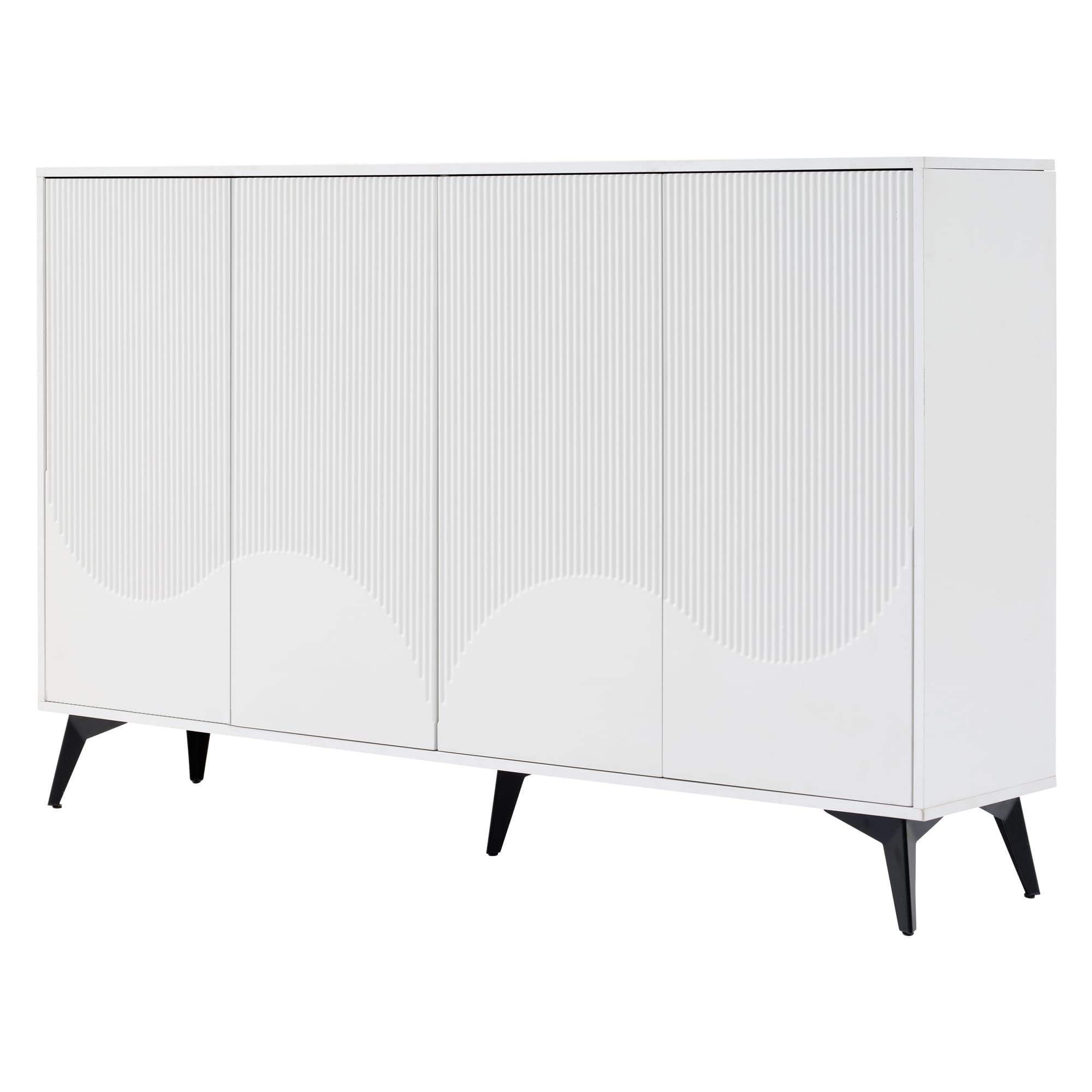 Aparador multifunción de 160 cm de ancho, color blanco, con estantes ajustables, 4 puertas, patas de metal