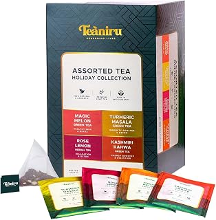 Teaniru, Assorted Holiday Tea Collection - Christmas Tea Sampler | 4 Holiday Green Tea | Holiday Tea for Detox, Energy - Brew Hot or Iced | Christmas Tea Bags for All | Thanks Giving
