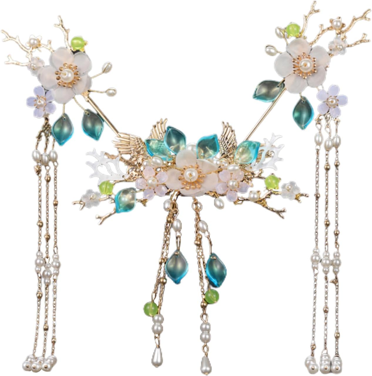 5 Pcs Flower Tassels Hairpin, Chinese Hair Pins Flower Pins for Hair, Chinese Hanfu Hairpin Rhinestone Pearl Clips Headpiece, Retro Hanfu Wedding Brides Updo Long Hair Accessories (Two Geese)