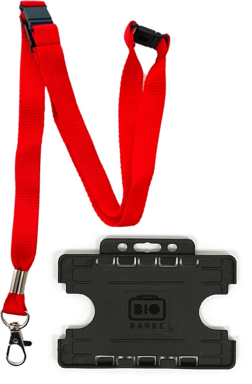 15mm Colourful Neck Lanyard with 3 Point (Triple) Safety Breakaway & Double Black Horizontal ID Card Holder - Choose Your Colour (Red, 5 Lanyards)