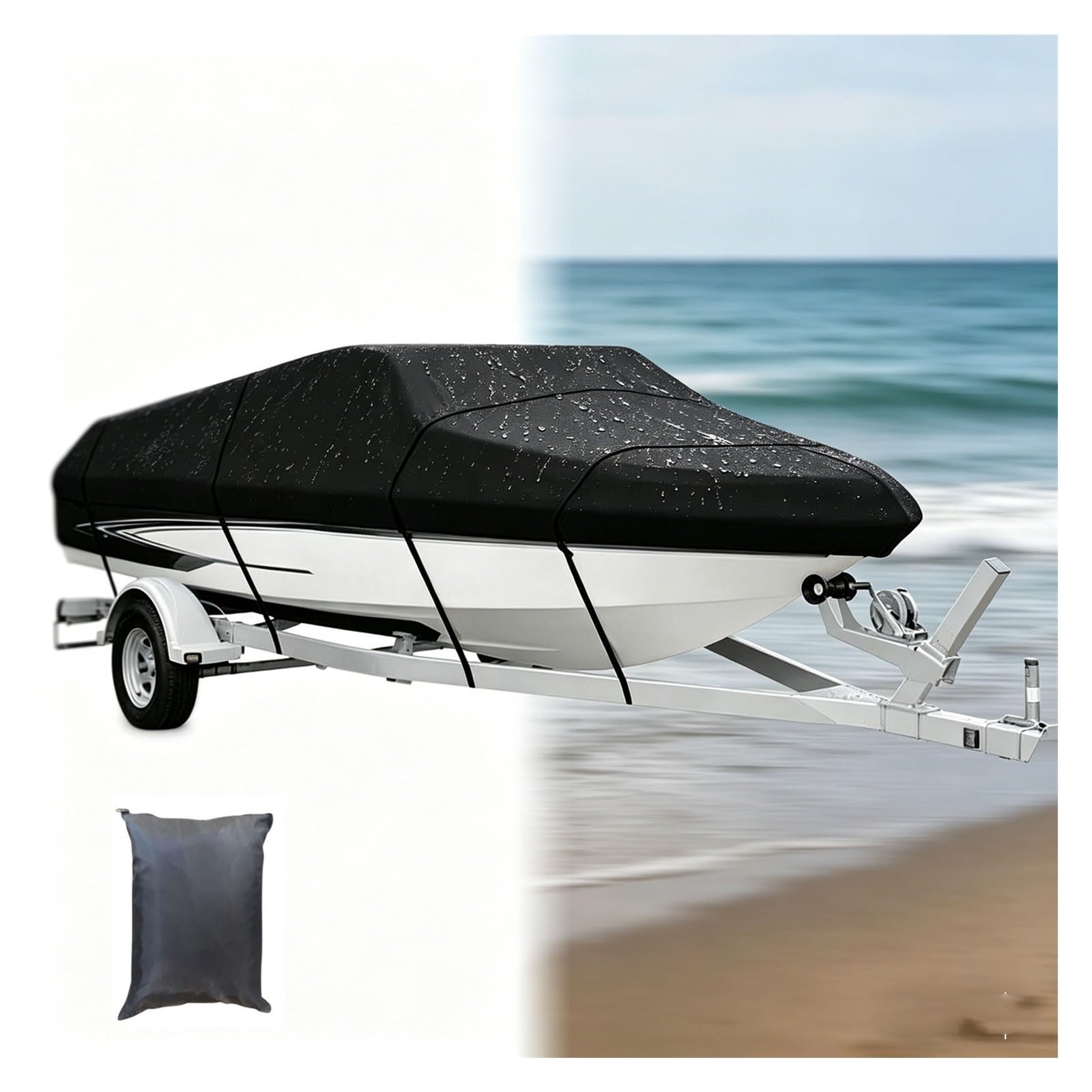 Pokrowiec na łódź, wodoodporny, uniwersalny krój, z paskami osłonowymi silnika, wytrzymały 210D Marine PU Oxford, osłona UV do łodzi wędkarskiej V-Hull Runabout Bass (czarny, 50–50 m)