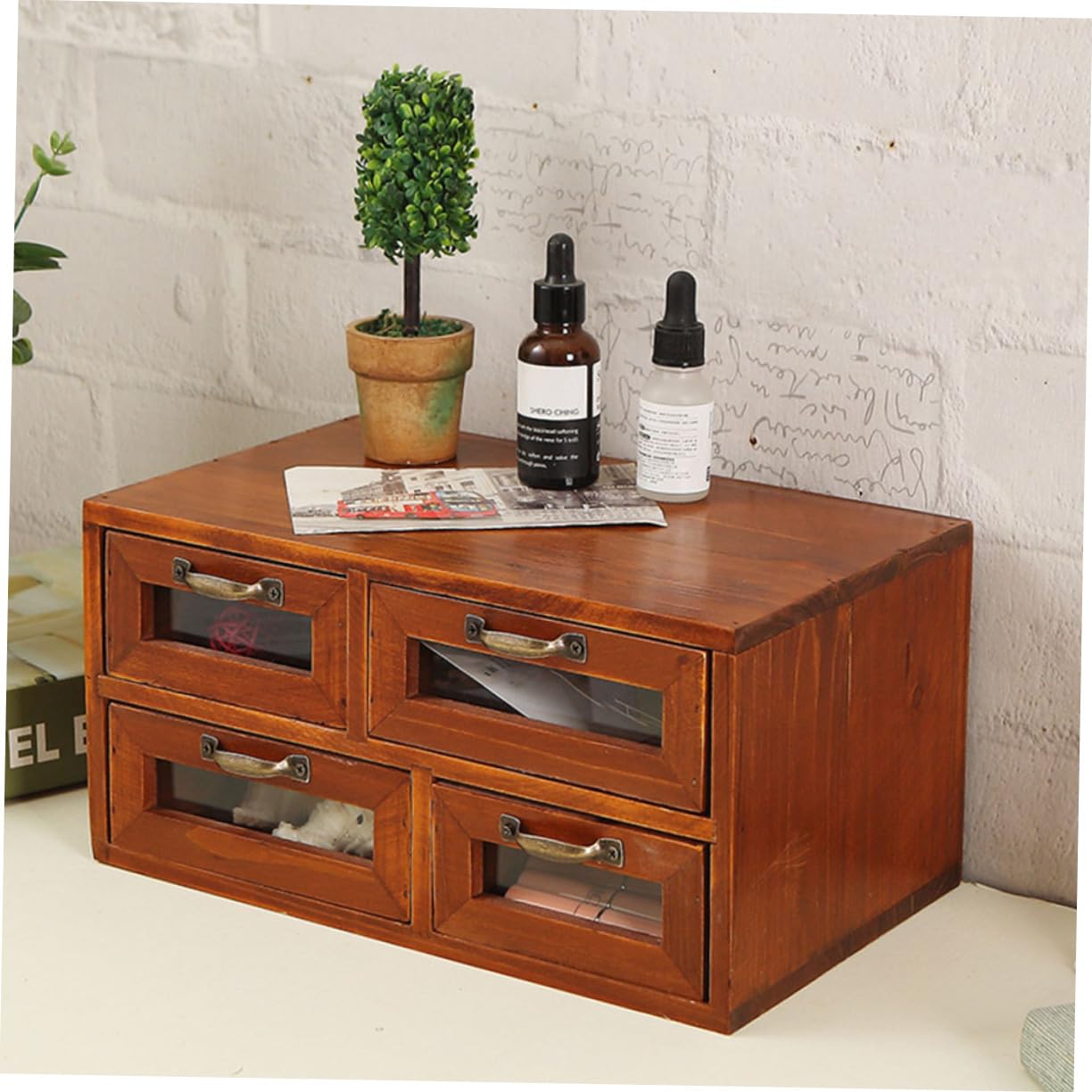 SHINEOFI Rustikaler Schreibtisch Organizer mit 4 Schubladen Doppellagiges Design und Staubschutz für Büro und Zuhause Aufbewahrung