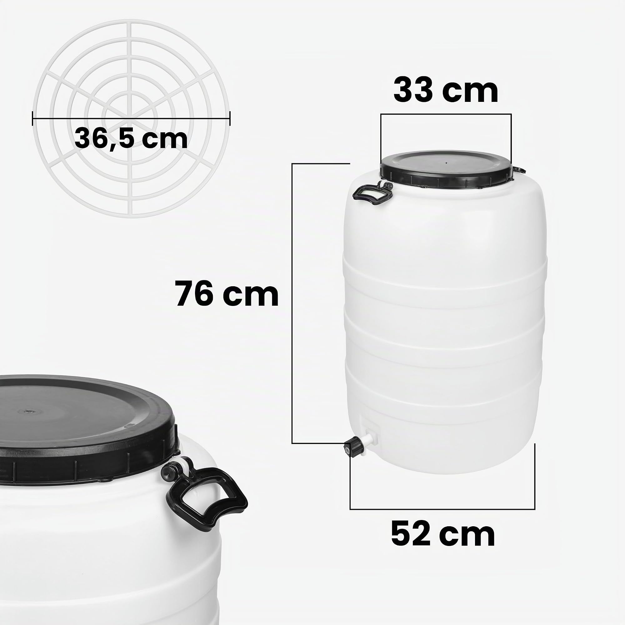 Garronda 120 L e rubinetto e pressa Fusto Bidone Plastica Mastello in HDPE come Contenitore e Serbatoio Acqua e Alimenti per Stoccaggio, Fermentazione e Raccolta Acqua Piovana GD-0187 Bianco