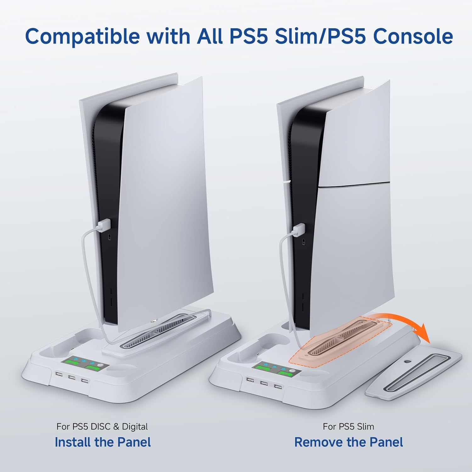 Supporto per stazione di raffreddamento per PS5 Slim/PS5 con stazione di ricarica per doppio controller, ventola di raffreddamento a 3 stadi, accessorio di raffreddamento, 3 hub USB (Bianco)