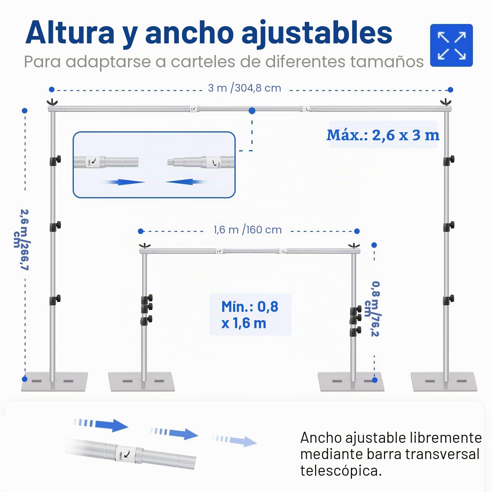 EMART Soporte para Fondo, Soporte Fondo Fotográfico de 2,6 x 3 m Ajustable con Base de Acero, Decoraciones para Fiestas de Retratos en Estudios de Fotografía y Vídeo-Plata