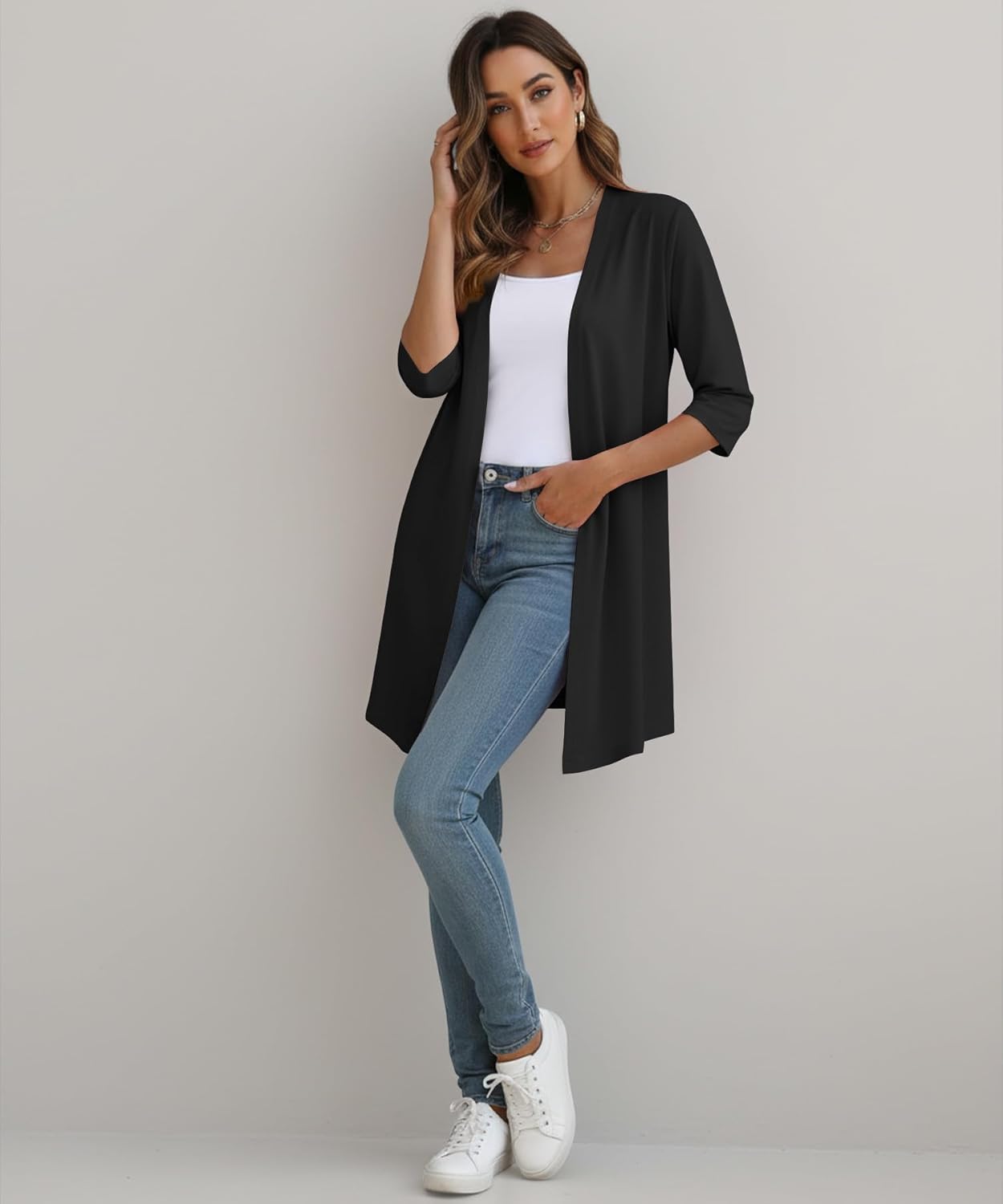 Womens Open Front Long Cardigan 3/4 Sleeve Lightweight Knit Cardigan Casual Layering Spring Summer - Image 4