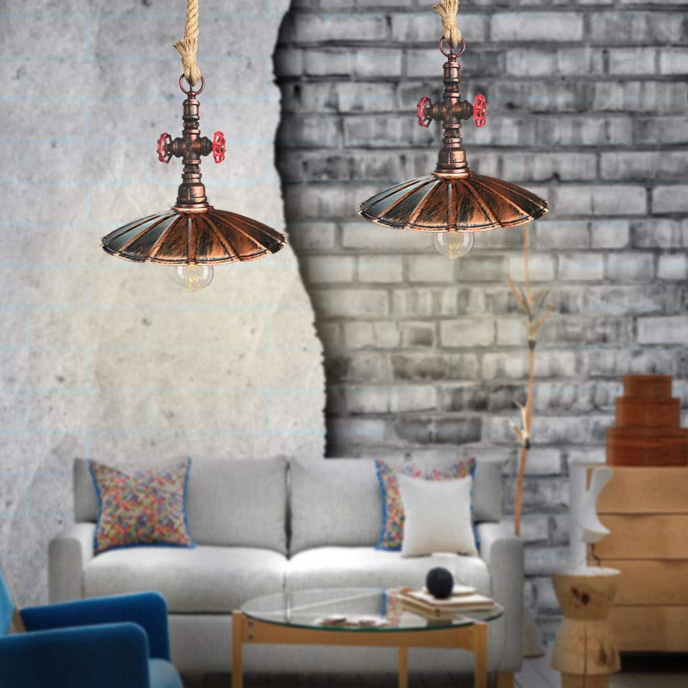 Lampadario a Sospensione retrò con Tubo dell'Acqua E27, Paralume in Metallo, lampadario a Sospensione a Goccia, lampadario a Testa Singola in Corda di Canapa, Decorazione per Bar, caffetteria, RI
