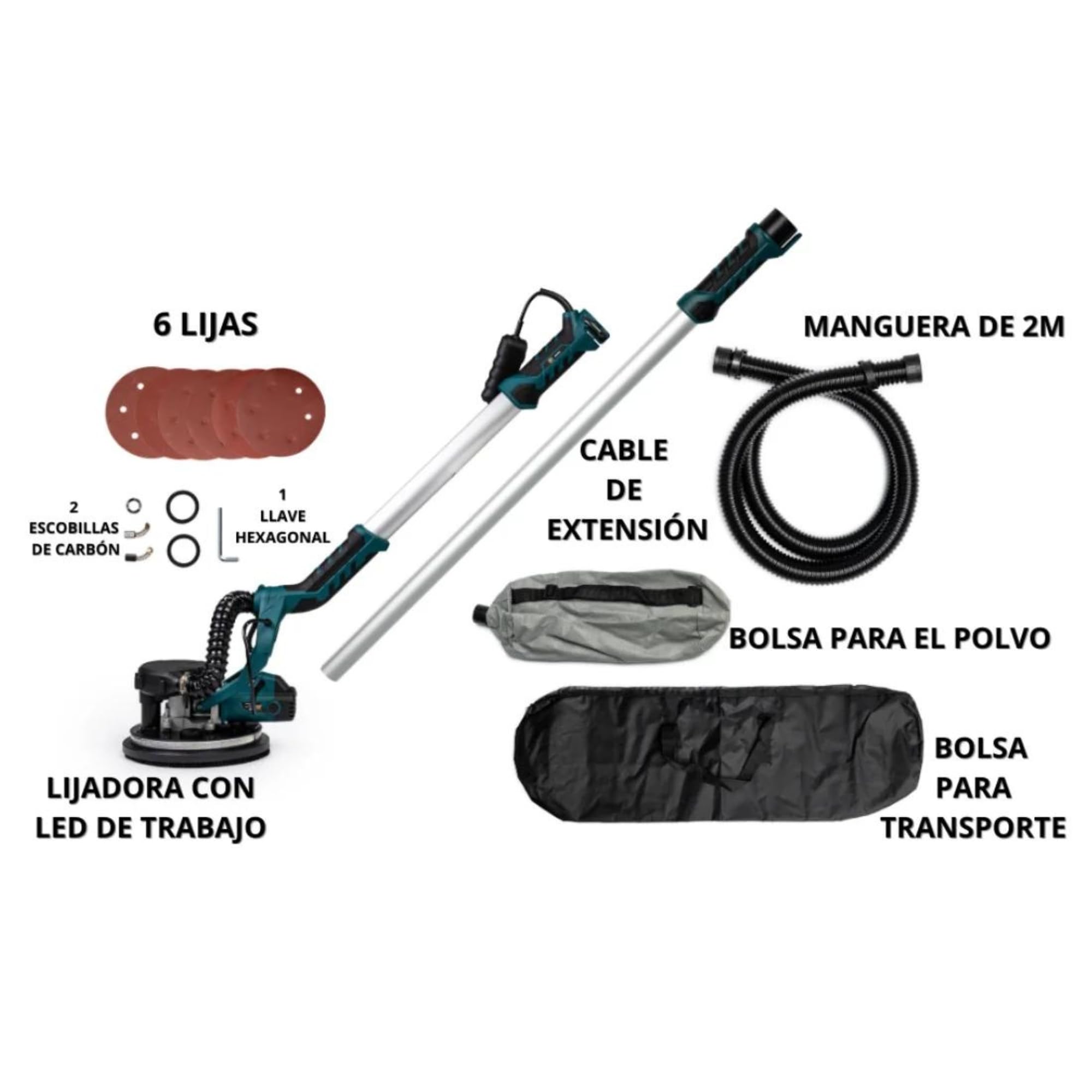 Lijadora Pared Telescópica (1000W), Lijadora de Pared Plegable, Lijadora Jirafa 1000-1920RPM, Diámetro del Disco Lijador, Motor Totalmente de Cobre, Velocidades Ajustables, Luz LED