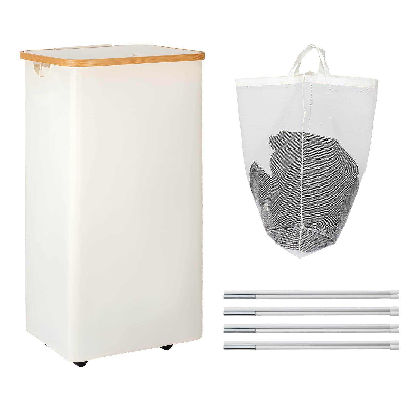 105L Wheeled Foldable Laundry Hamper with Lid Removable Liner Bag White