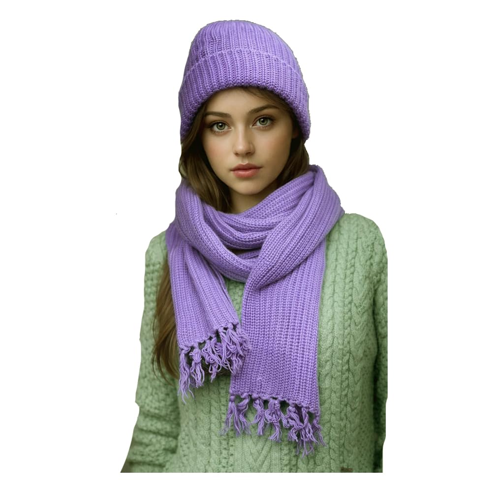 WOOLEN KNITTED CAP WITH MUFFLER (SCARF) WARM AND COMFORT PURPLE-image-9