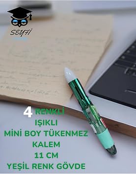 4 Renkli Işıklı Mini Boy Tükenmez Kalem, 11 cm, Yeşil Gövde