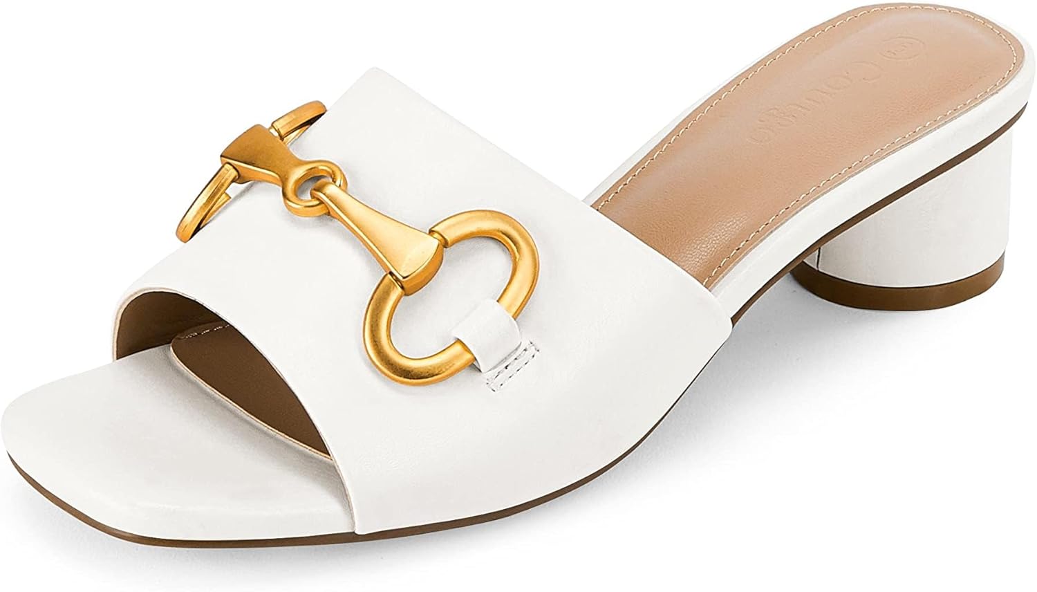Coutgo Womens Heeled Slides Sandals Square Open Toe Slip on Comfortable Mules Block Low Heel Metal Chain Dressy Shoes
