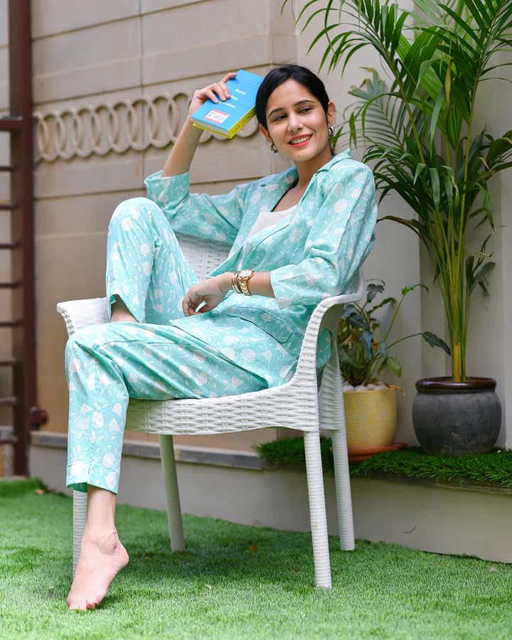 Leriya Fashion Women Rayon Floral Regular Relaxed Fit Full Sleeve Co-Ord Blazer Trouser Set(Available In 2Xl And 3Xl) (Lf-K-W1783&Tr842_Light Blue_S)