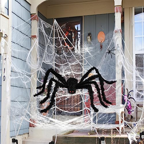 200" Halloween Spider Web + 59" Giant Spider Decorations, Triangular Huge Spiders Web and Hairy Scary Fake Spider, for Indoor Outdoor Porch Yard,... - Image 7