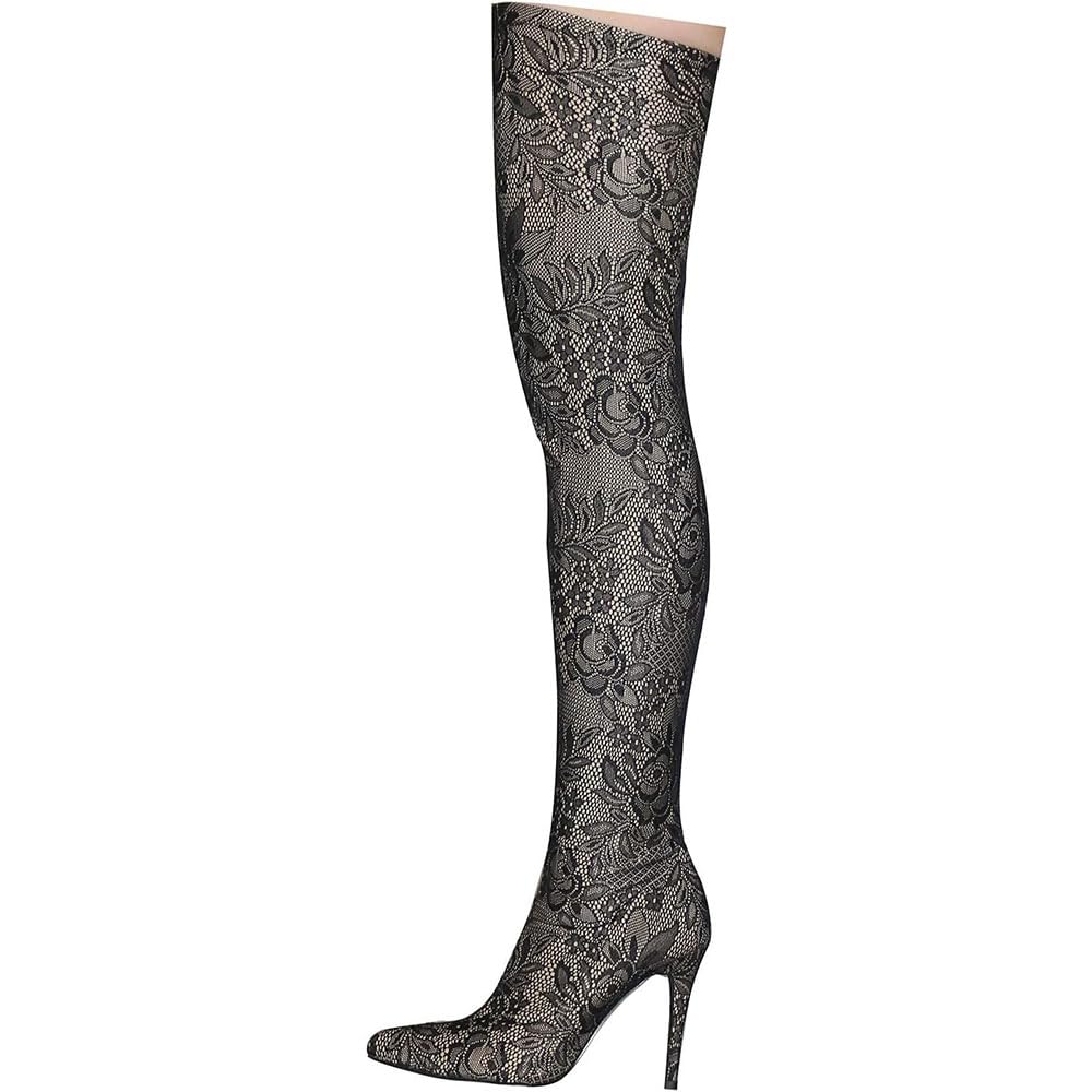 Stivali sopra il ginocchio con fiori di pizzo sexy da donna Stivali alti alla coscia sexy a punta con cerniera laterale Scarpe con tacco a spillo in rete con cerniera scarpe/J/41EU