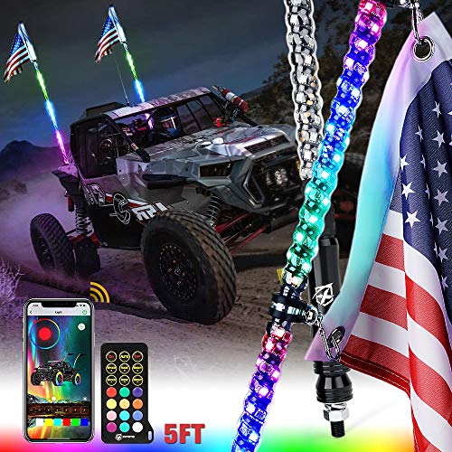 Xprite 5FT RGB Whip Lights with Bluetooth & Wireless Controlled, Waterproof LED Whip Lights w U.S. Flag for Offroad Sand Dune Buggy UTV ATV Polaris RZR 4X4 Side by Side Trophy Truck