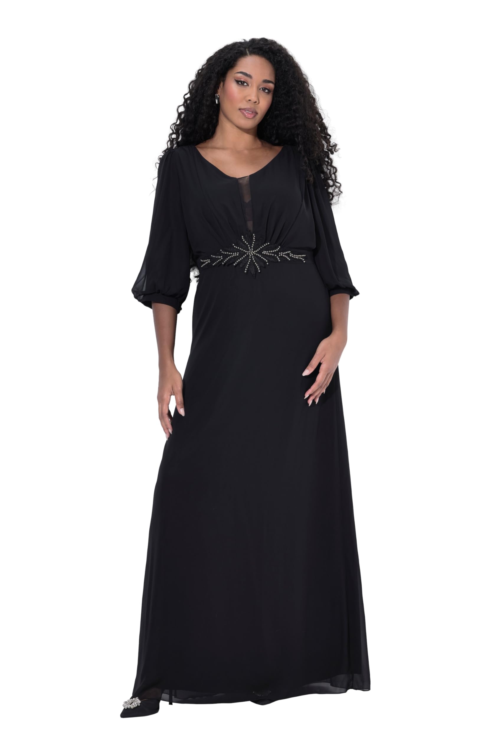 Ulla Popken Damen große Größen Übergrößen Plus Size Chiffon-Maxikleid, doppellagig, V-Ausschnitt, 3/4-Arm 844407