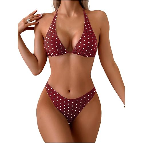 WDIRARA Women's Polka Dots Bikini Set Swimsuit 2 Piece Bathing Suit | Halter Triangle