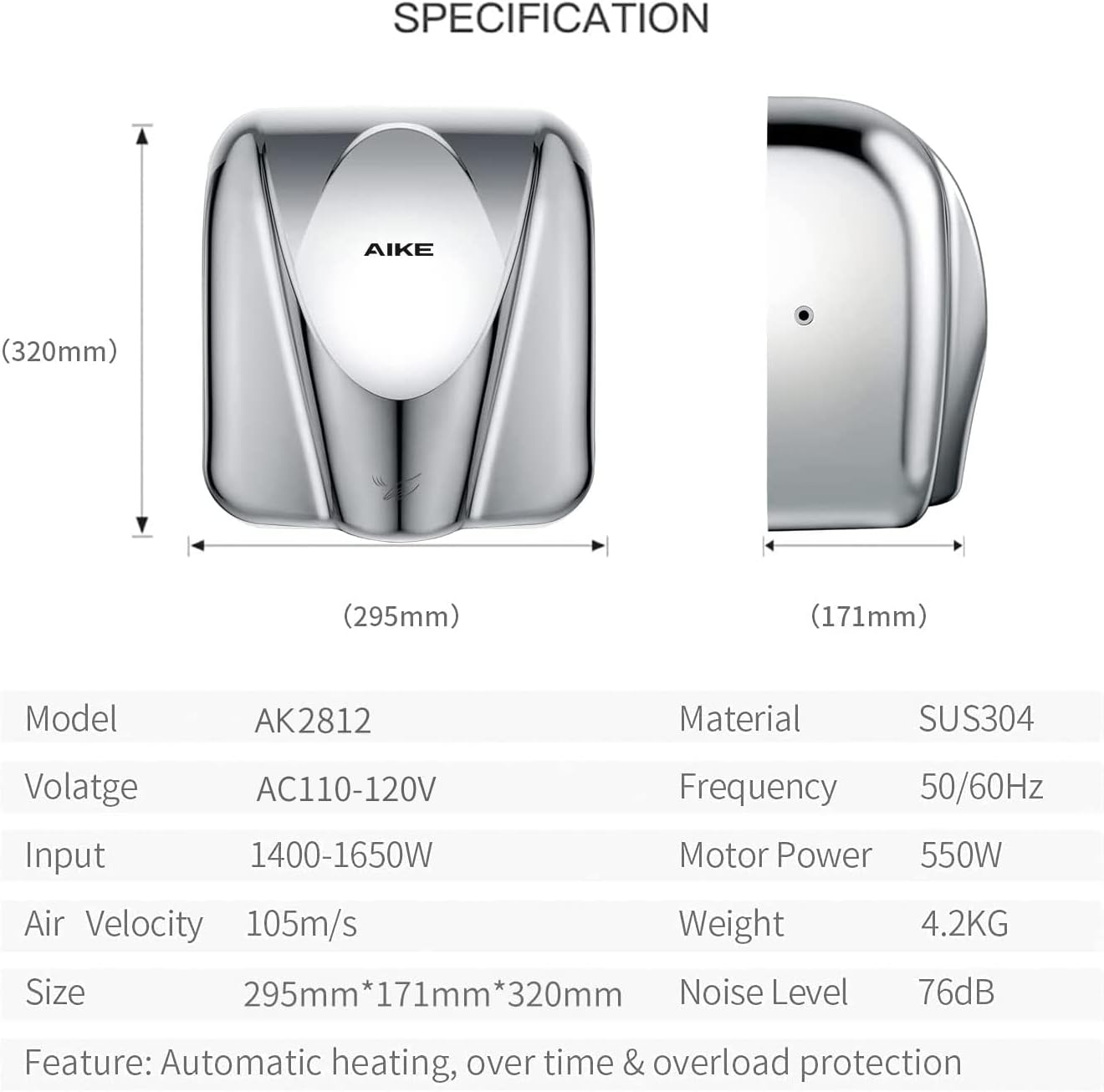 AIKE Commercial Hand Dryer and Automatic Soap Dispenser Combination, Model AK2812 & AK1206 Polished