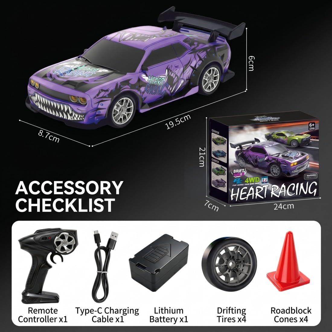 1:24 RC Drift Car 4WD, 2,4GHz Ferngesteuertes Drift Auto mit LED-Lichtern, Drift- & Grip-Reifen Set, Type-C Akku, Graffiti Racing Fahrzeug Modell für Erwachsene