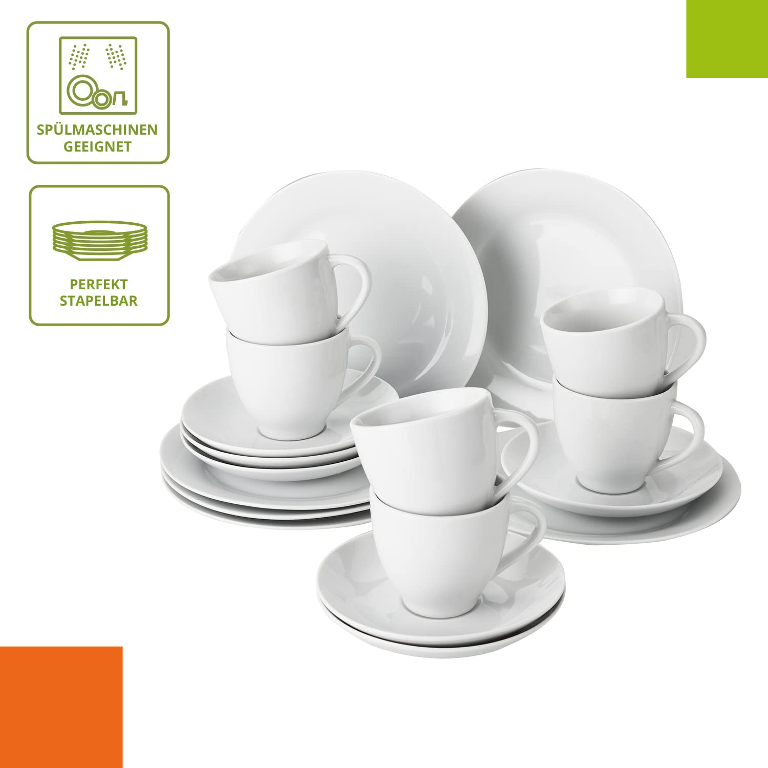 Level One | Kaffeeservice aus Porzellan | 18-teiliges Geschirrset für 6 Personen | Zeitloses, klassisches Design | Porzellan in Weiß | Kaffeetassen, Untertassen & Dessertteller