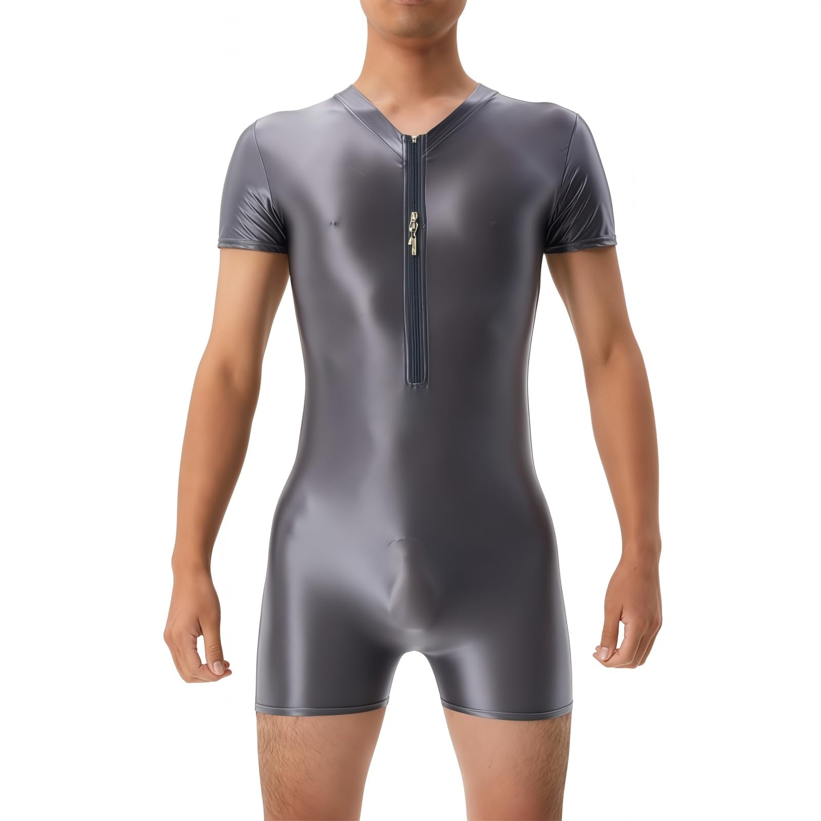 Men's Oil Shiny Bodysuit, Short Sleeve Zip Front Wrestling Singlets, High Elastic One Piece Seamless Workout Leotard, Solid Tight Fit Unitard Casual Playsuits for Loungewear Festival Rave Nightwear