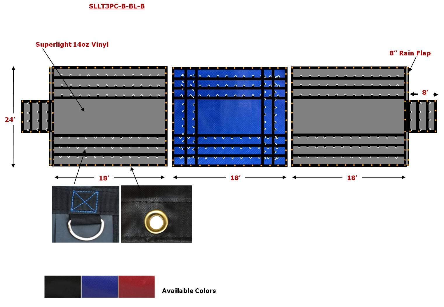 Mytee Products 24' x 18' Flatbed Trailer 14 Oz Lightweight 3 Piece Lumber Tarp w/ 8 FT Drop - Heavy Duty Black/Blue Vinyl Waterproof Tarp for Truck/Trailer to Protect Cargo from Wind, Rain, Snow & Sun