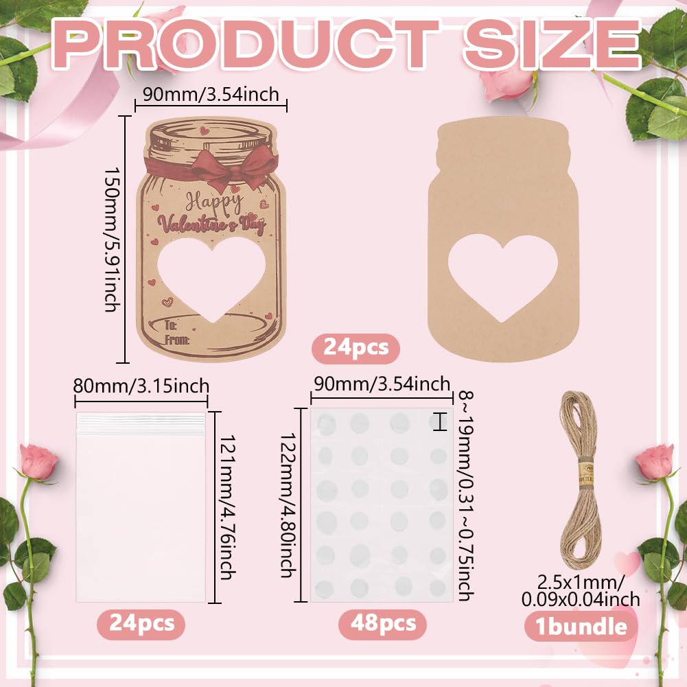 AHANDMAKER 72Pcs Valentines Day Candy Cards Mason Jar Valentines Day Cards with Candy Bags Bottle Shape Paper Exchange Card for School Classroom Prize Party Gifts Favor Supplies - Image 2