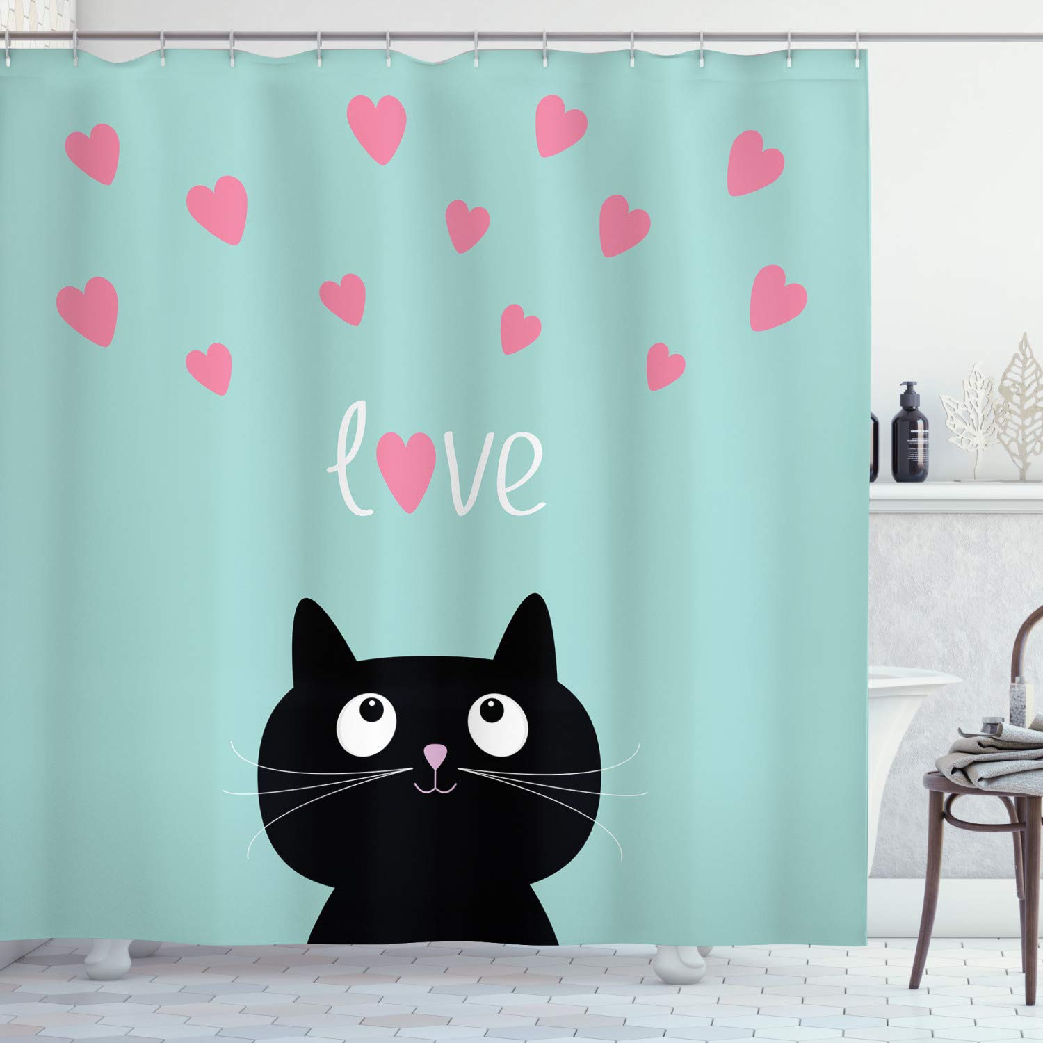Ambesonne Valentines Shower Curtain, Kitty Heart Cat Companions Illustration, Cloth Fabric Bathroom Decor Set with Hooks, 69" W x 70" L, Seafoam Black