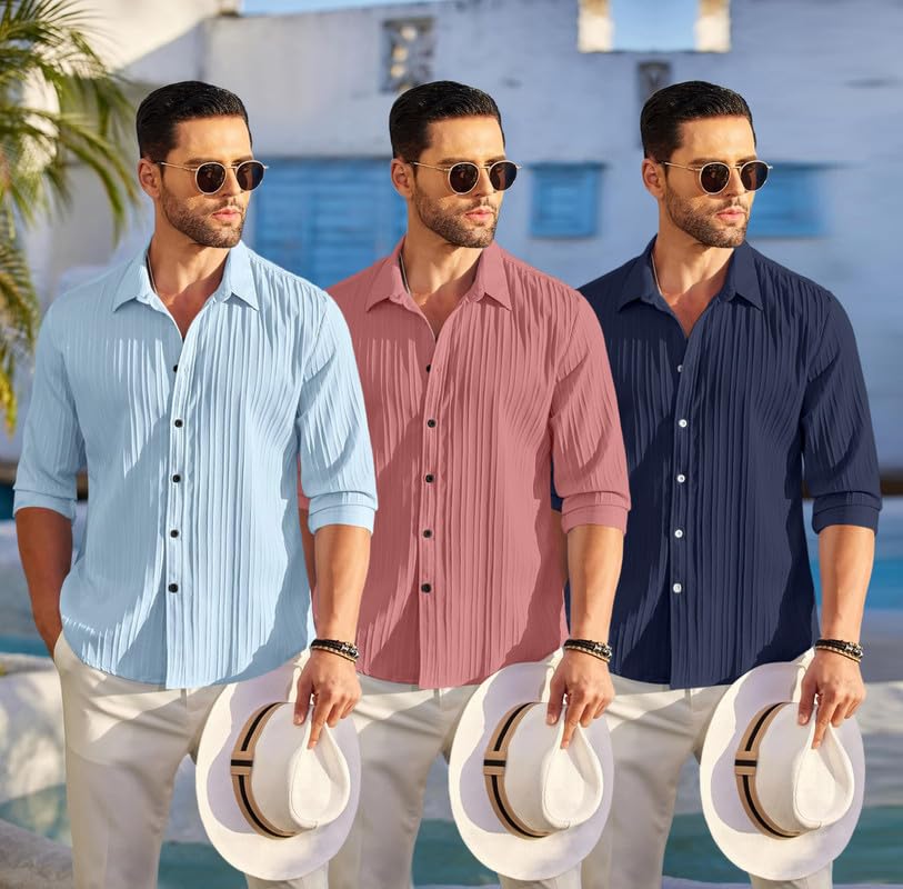 Image of FINIVO FASHION Combo of Men's Casual Cotton Plain Button Down Shirt Long Sleeve Textured Summer Beach Shirt for Men Pack of 3